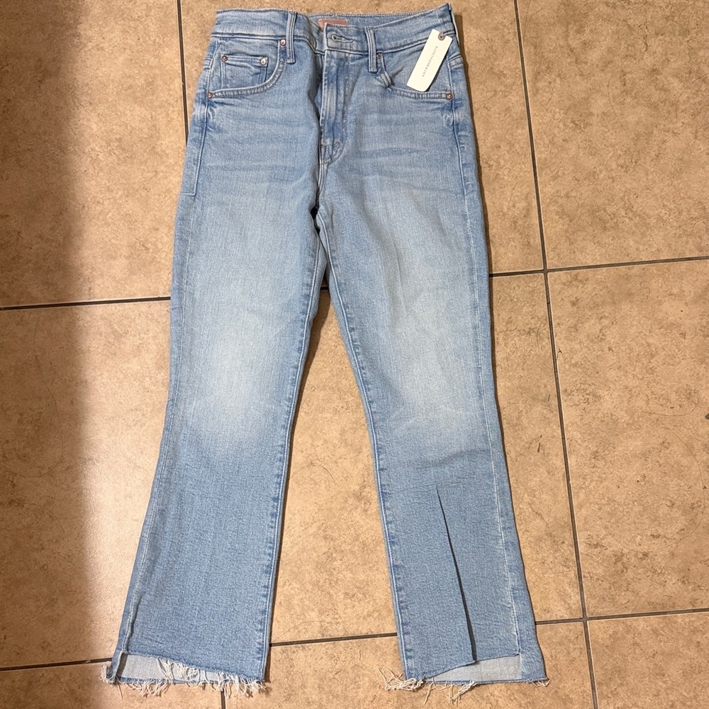 MOTHER Light Blue High-Rise Flare Jeans with Front Slit